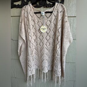 Hayden Los Angeles BOHO Open-Knit Fringe Poncho Beige Sweater Women’s M/L